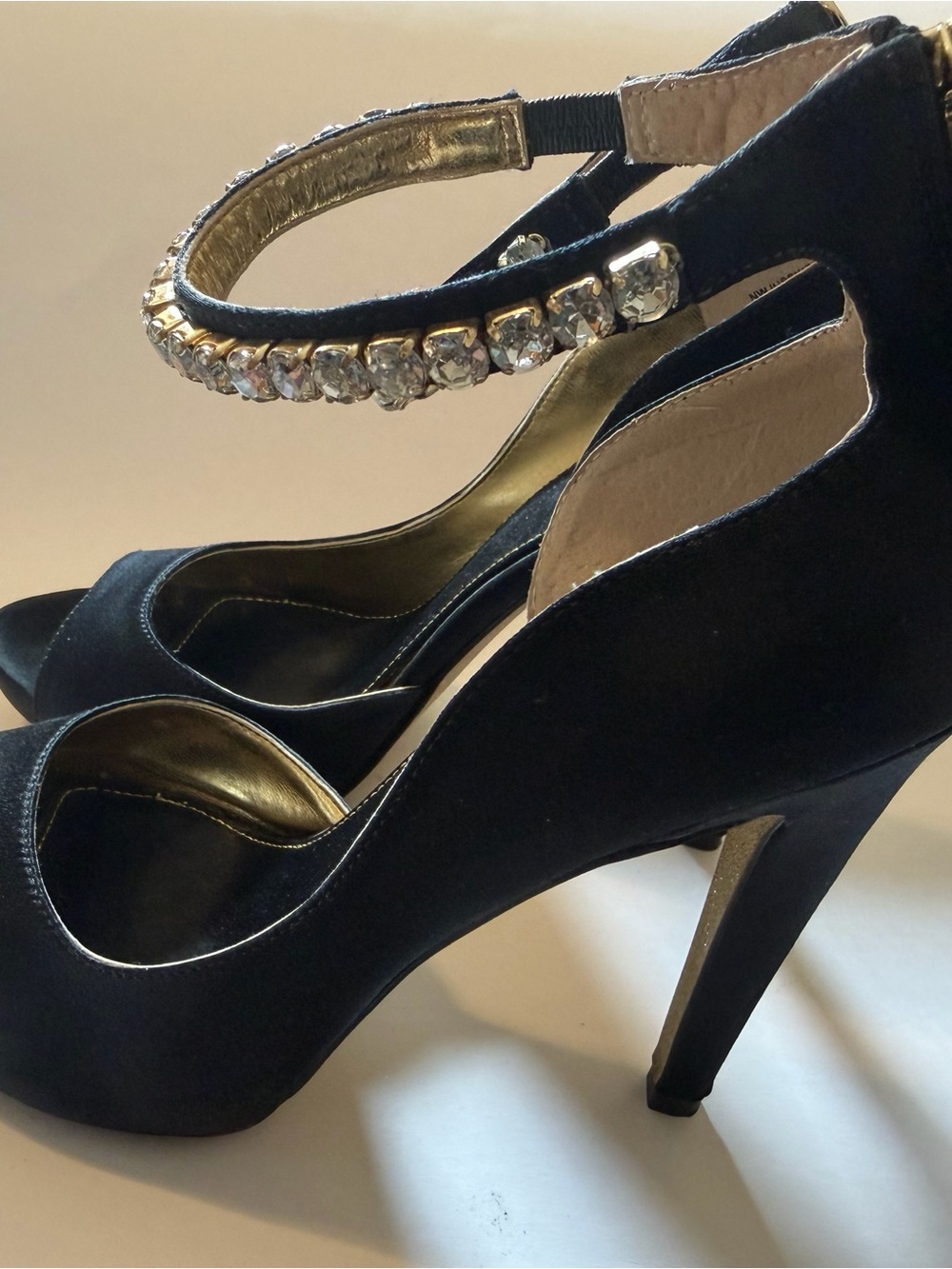 Nine West Satin Black High Heels with Crystal Ankle Strap